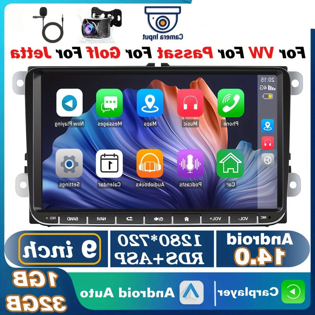 9-inch Auto Multimedia Speler – Car Audio Systeem – Navigatie Radio – Touchscreen Autoradio – Draadloze CarPlay Android Auto – AHD Achteruitrijcamera & Microfoon – IPS Display 1+32GB Android 14