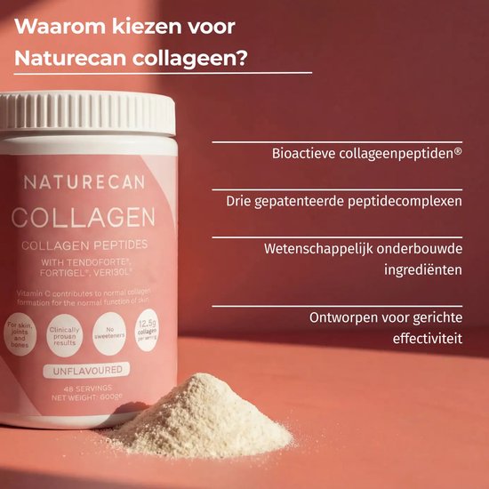 Pot Naturecan Collageen Peptiden 'Unflavoured' met een schepje poeder ernaast. Waarom kiezen voor Naturecan collageen?