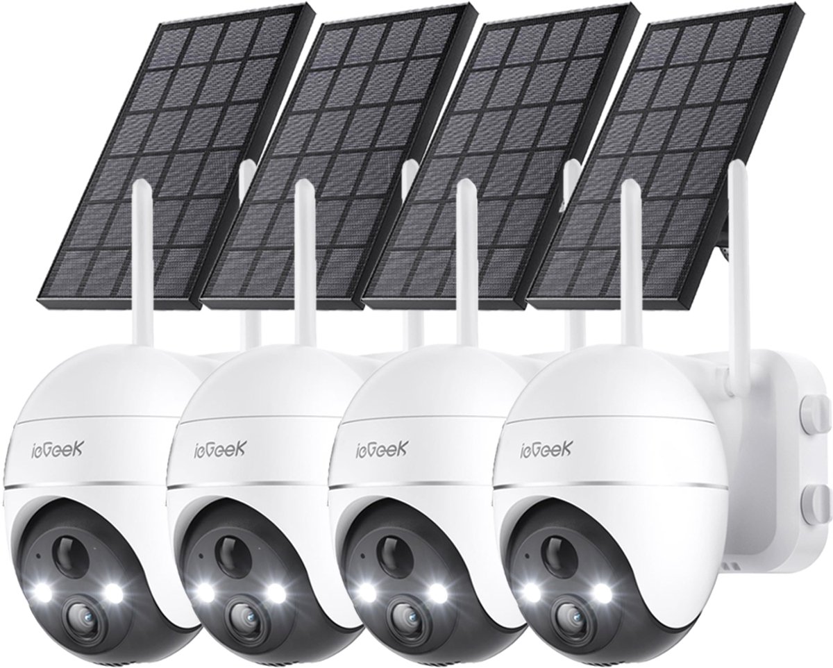 ieGeek 5MP Beveiligingscamera Braadloos Buiten - Zonne Energie Kamera - Draadloos Wifi - 360° PTZ - Werkt op Batterijen - Tschijnwerper en Sirene - Bewegingsdetectie - Kleuren-Nachtzicht - 2-Weg Audio - IP65 - Werkt met Alexa - 4 Stuks