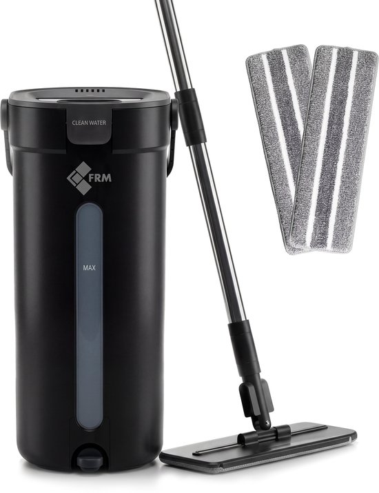 FRM Pure Flow - Dweilsysteem + 2 extra dweildoeken - dweilset - Altijd schoon water - Nooit meer dweilen met vies water - Zwart