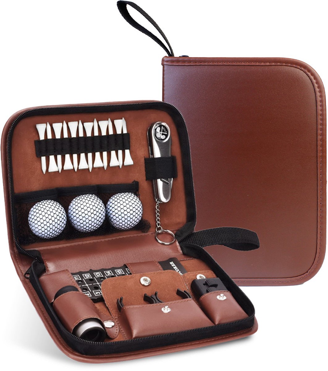 Deze golfset voor dames en heren bevat een luxe clubtas, golfballen, een afstandsmeter, een golfborstel, een multifunctioneel grasmaaiermes, een scorebord en een golfclip.