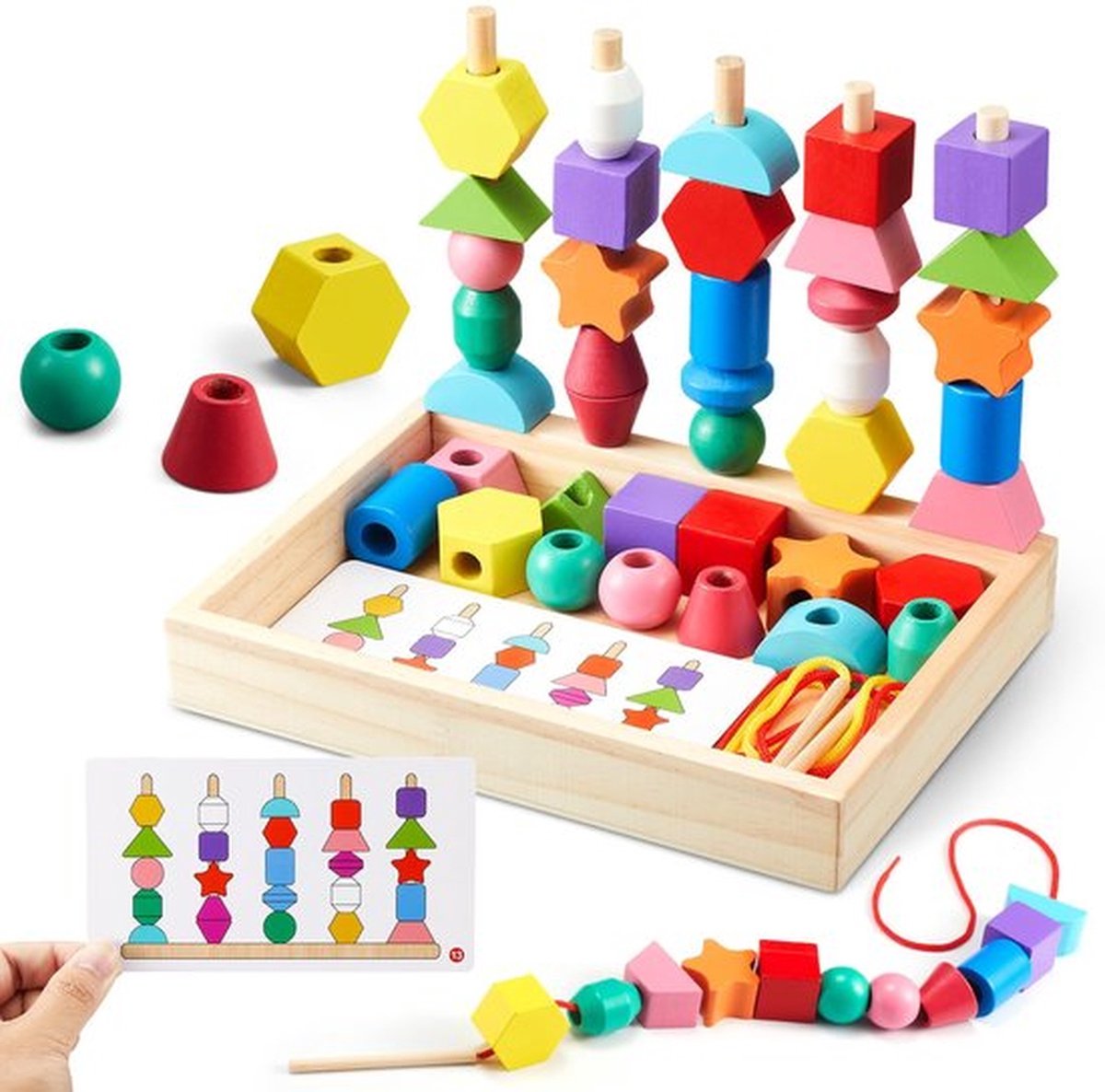 Montessori Speelgoed - Houten Rijg- & Stapelspel – Sorteren & Bouwblokken – Fijne Motoriek & Educatief Speelgoed voor Kinderen – Cadeau voor Jongens & Meisjes