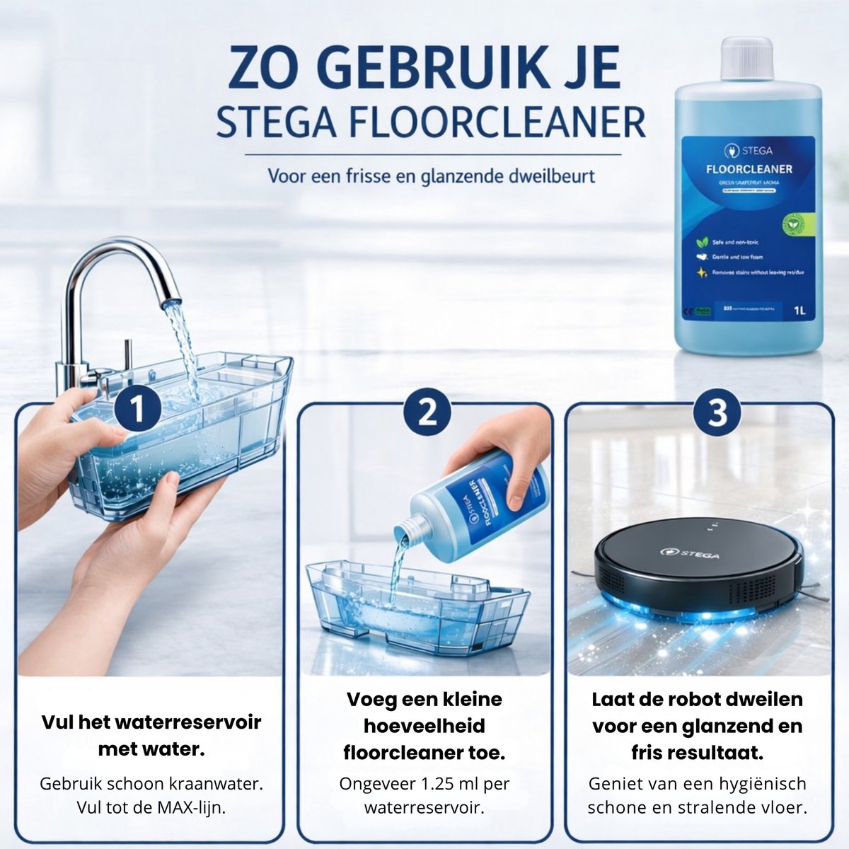 STEGA® Floorcleaner Vloerreiniger voor Robotstofzuiger met Dweilfunctie - 1 Liter - Laagschuimend – foto 3
