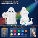 Gamerstoel met RGB-verlichting, USB-aansluiting, kleurkeuzes en afstandsbediening.