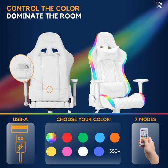Gamerstoel met RGB-verlichting, USB-aansluiting, kleurkeuzes en afstandsbediening.