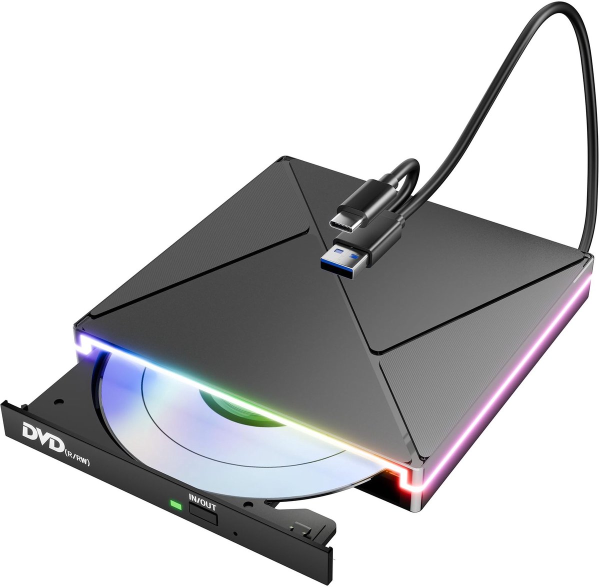 Gloovon® - Externe DVD Speler - met RGB Verlichting - USB 3.0 & USB-C - Externe DVD Speler voor Laptop - Voor Laptop, PC en MacBook