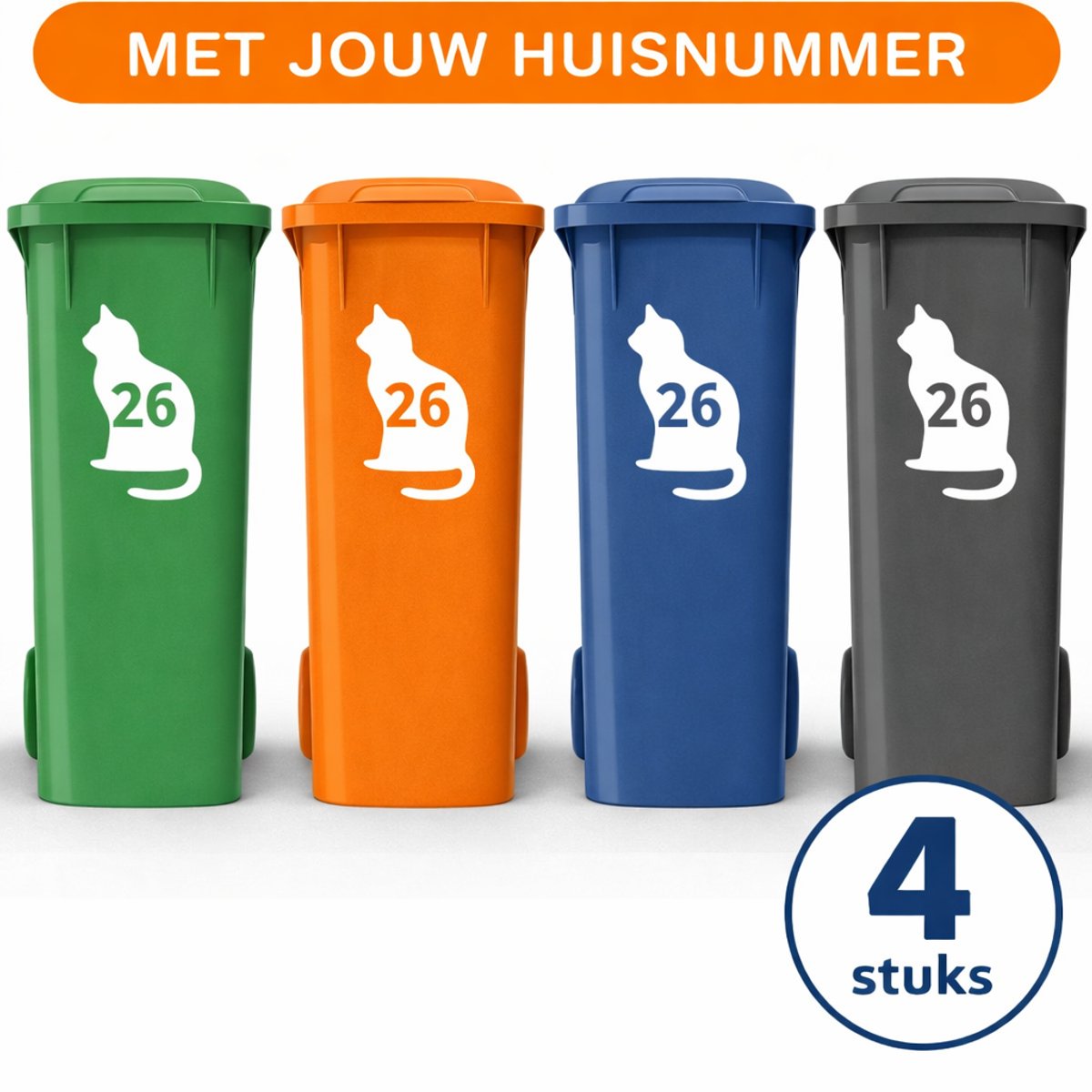 Container Stickers XL - Voordeelset 4 stuks - Kat / Poes met Huisnummer - Sticker voor Afvalcontainer / Kliko - Klikosticker (30x20cm)
