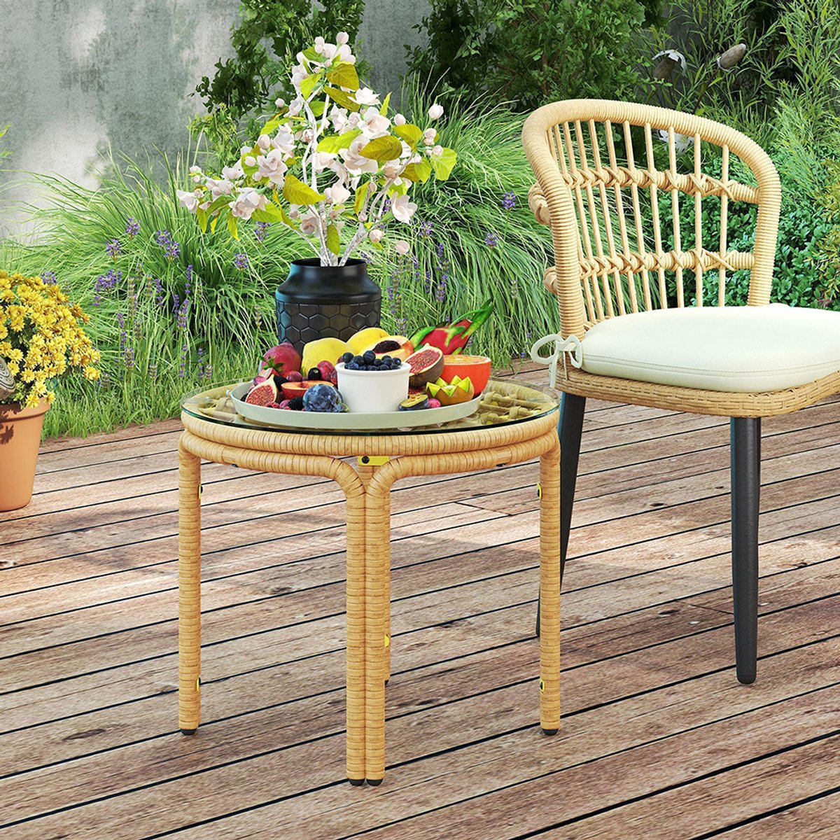 Pugsdrly Bijzettafel van polyrattan, ronde salontafel met glazen tafelblad, nachtkastje Ø50 cm, geel