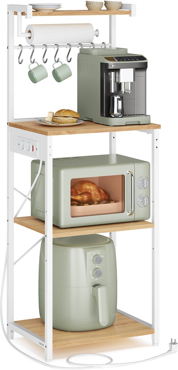 VASAGLE - Kruidenrek - Staande Rek met 4 Niveaus - Keukenrek met Oplaadstation - 8 Haken