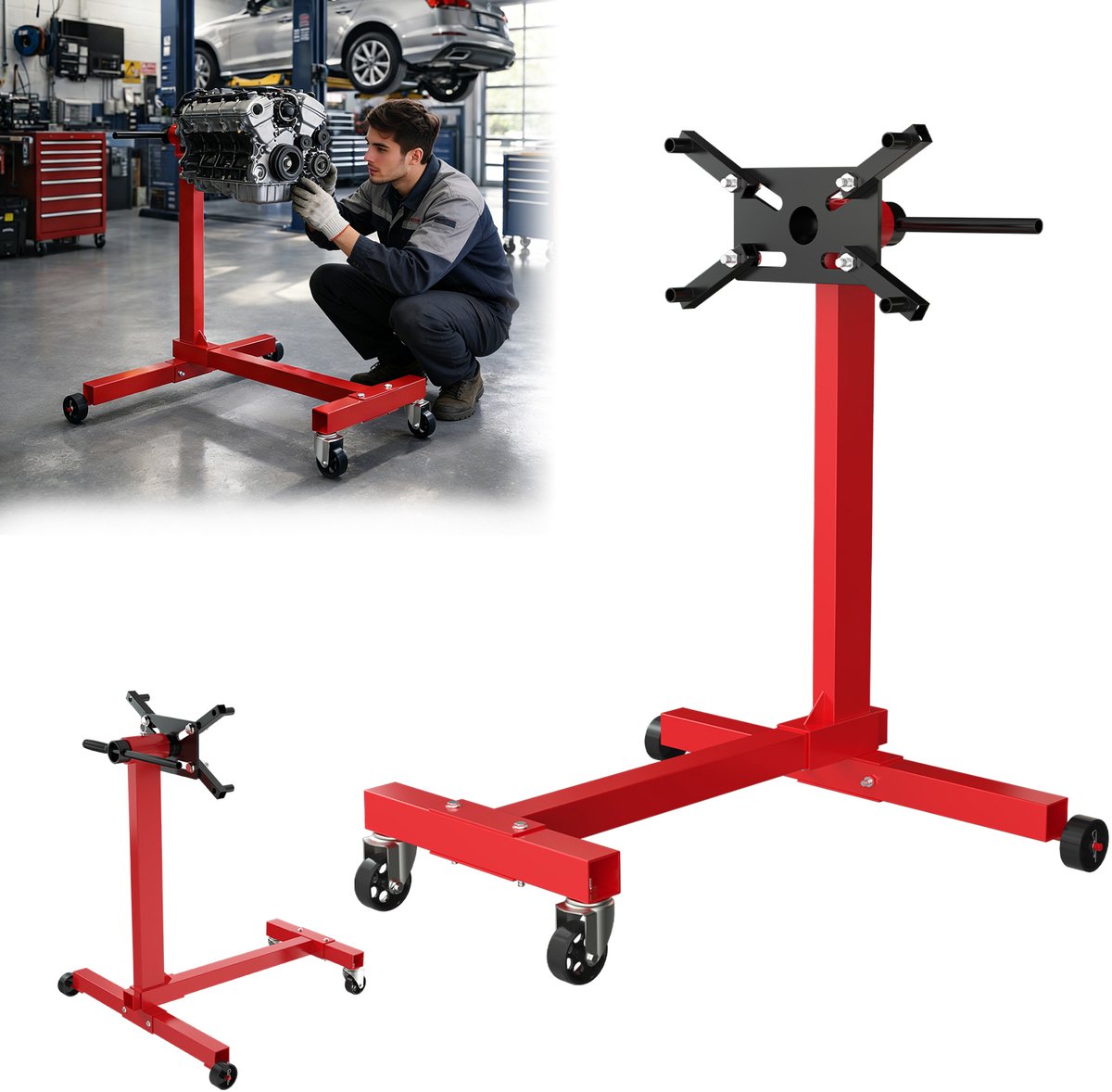 ACXIN Motorstandaard Auto – Motorsteun Motorblok Houder Staal – 360° Draaibare Kop – 4 Verstelbare Armen – Met Wielen voor Werkplaats en Garage – 450 KG