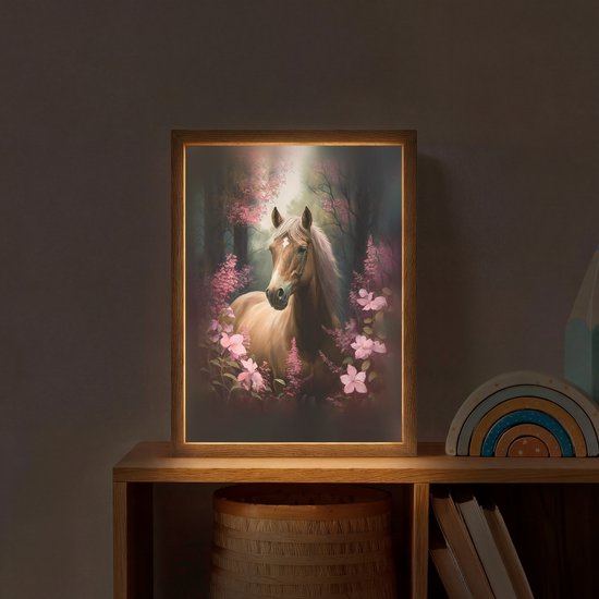 Nachtlampje 30x40 cm - Kinder lamp - Paard - Bloemen - Roze - Natuur - Bos - Tafellamp kinderkamer draadloos - Slaapkamer lampje - Bedlamp kinderen - Kinderlampje - Wandlamp babykamer - Nachtlampjes van Merkloos — afbeelding 2