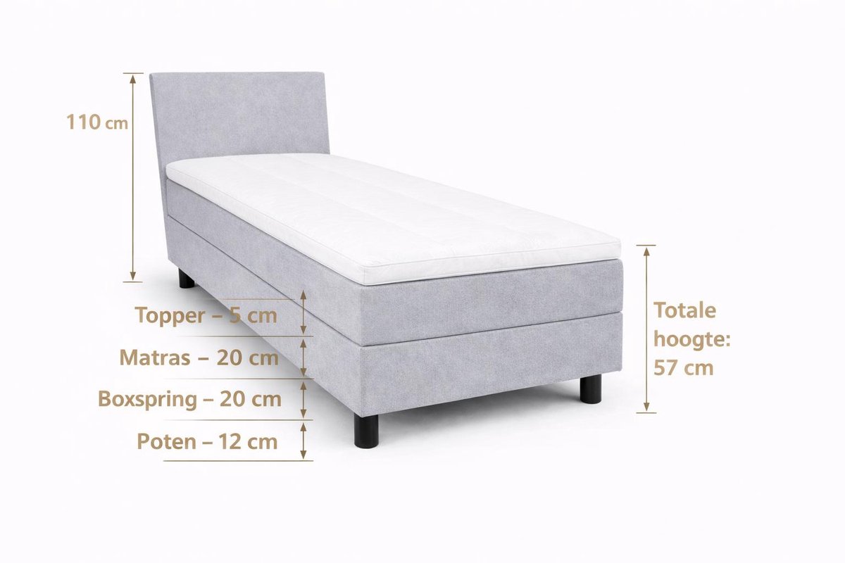 Boxspring Ayla Royal - 90x200 Compleet - Grijs Glad - Ayla Matrassen - 1 persoons