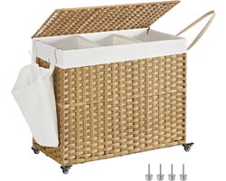 SONGMICS - Wasmand - Wasmand met Deksel - 3 Compartimenten - Met Wielen en Verwijderbare Waszak