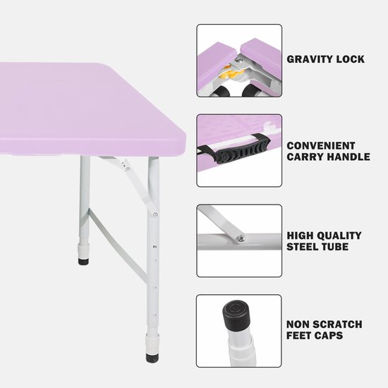 Campingtafels 125 cm - Inklapbare Vouwtafel Met Handgreep En Verstelbare Hoogte - Multifunctioneel - Kunststof - Paars — afbeelding 2