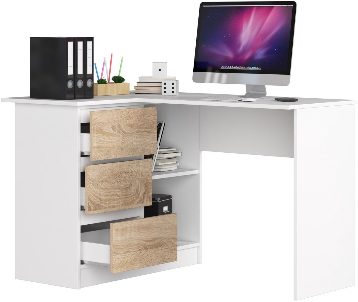 Akord Hoekbureau Links B16 / Computerbureau / Computer Tafel / Bureautafel Rechts / Wit - Sonoma Eik / 124 x 77 x 85 cm