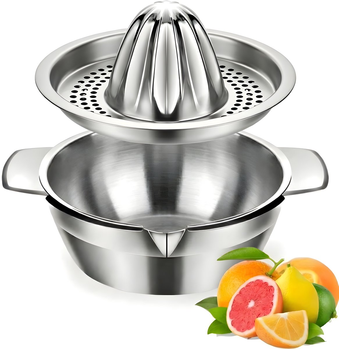 HI NATURE™ Robuuste Kwaliteit Citroenpers | Limoenpers met Bakje 400ml - Handmatige Citruspers - Lemon squeezer - Citrusknijper - Fruitpers - Sinaasappelpers | Zilver