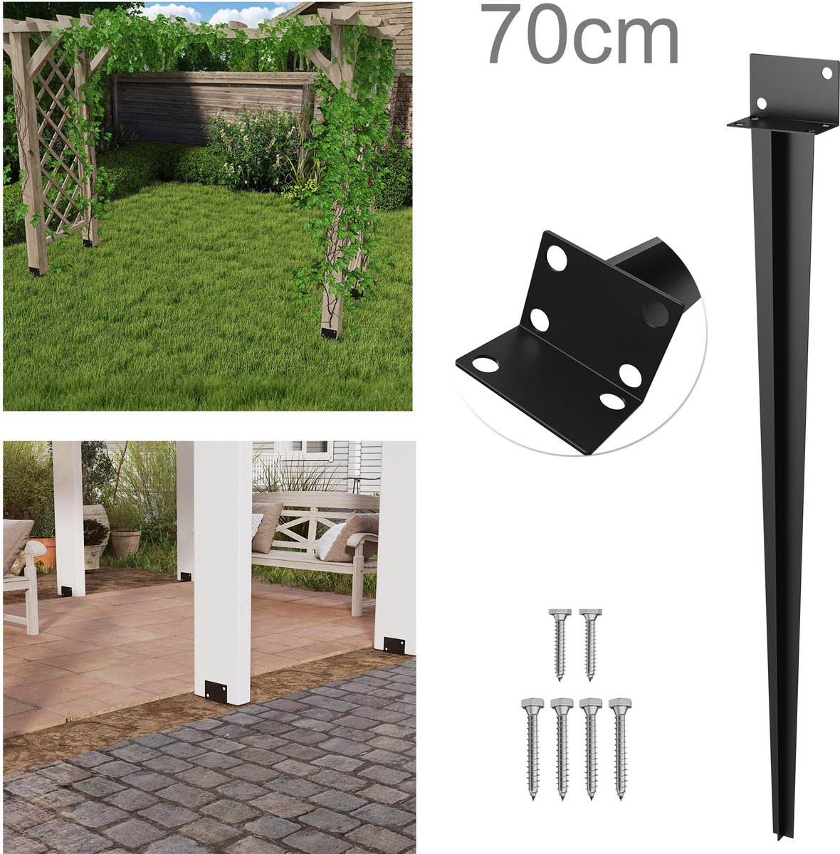 Froadp 8x L-paalhouder, inslaghuls, grondhuls 70 cm, grondanker, paalhouder voor houten palen, zwart, tuin, schutting, terras, balkon, stabiel