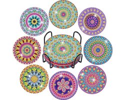 Diamant Schilderen Onderzetters Set – 8 Stuks Mandala DIY Onderzetters met Standaard – Houten Kork Basis – Creatief Knutselpakket voor Kinderen & Volwassenen