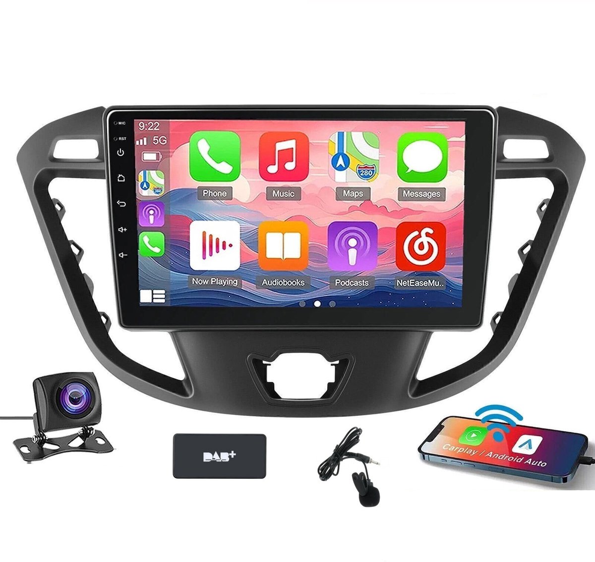ESSGOO CarPlay autoradio geschikt voor Ford Transit Custom (2012-2021) - 9 inch touchscreen - Android 15 - Draadloos Apple Carplay & Android Auto - 4GB + 64GB - BT AUX USB Wifi GPS Navigatie - 4 Core processor - Achteruitrijcamera - Microfoon - DAB+