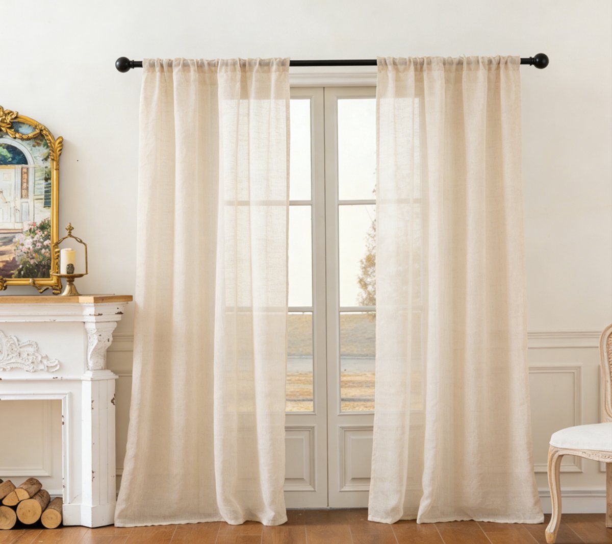 Floraweg natuurlijke linnen vitrages: halfdoorzichtige en lichtwerende gordijnen in zen-stijl voor de woonkamer en slaapkamer, 132 x 160cm beige