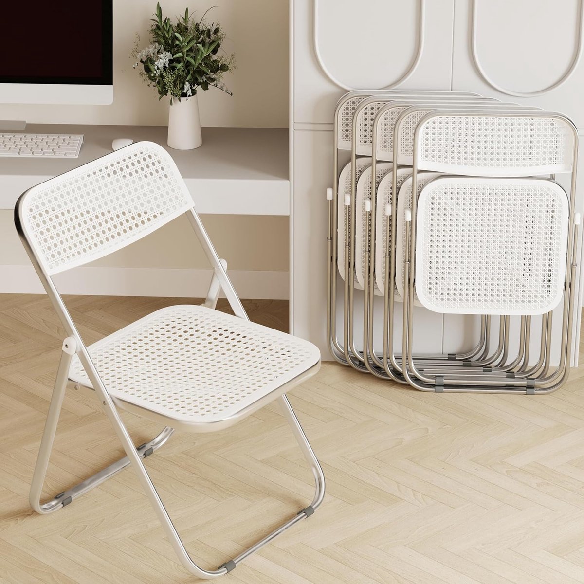 Folding Dining Chair Set 6-Pack – 45 x 45 x 78,7 cm – White Mesh Seat & Backrest, Durable Metal Frame, Lightweight & Portable – Comfortable Stackable Chairs for Home, Office & Event – Laura