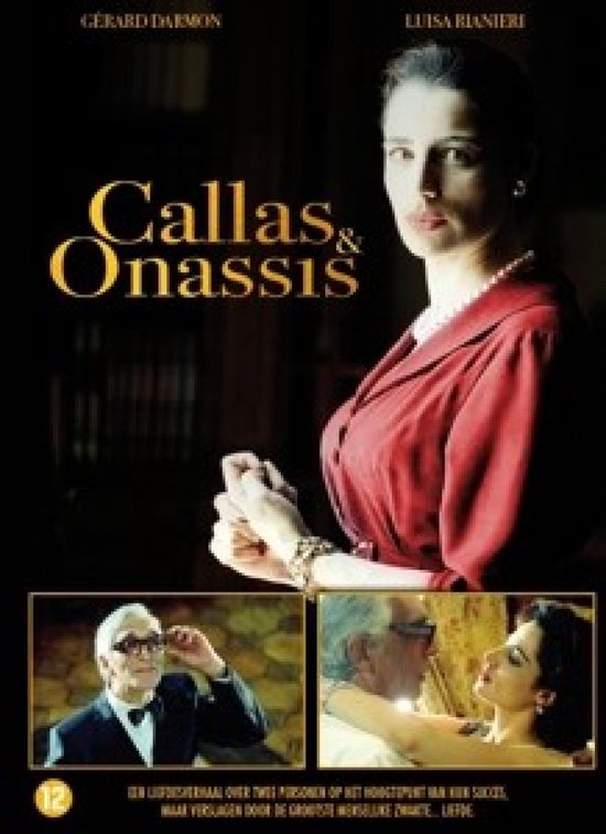 Filmcover Callas & Onassis met portret van Luisa Ranieri in rood en twee kleinere afbeeldingen.