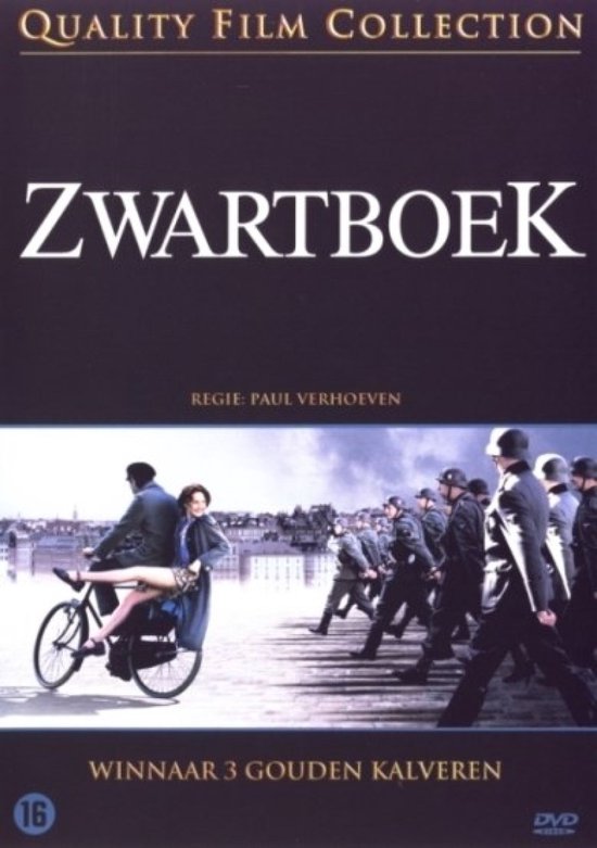 Filmhoes Zwartboek: vrouw op fiets, mannen in uniform lopen. Winnaar 3 Gouden Kalveren.