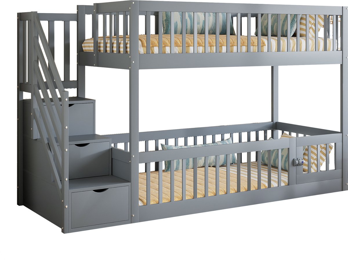 Merax 90x200 cm stapelbed - kinderbed - met veilige ladder en lade - eenpersoonsbed met opbergruimte - grijs - zonder matras