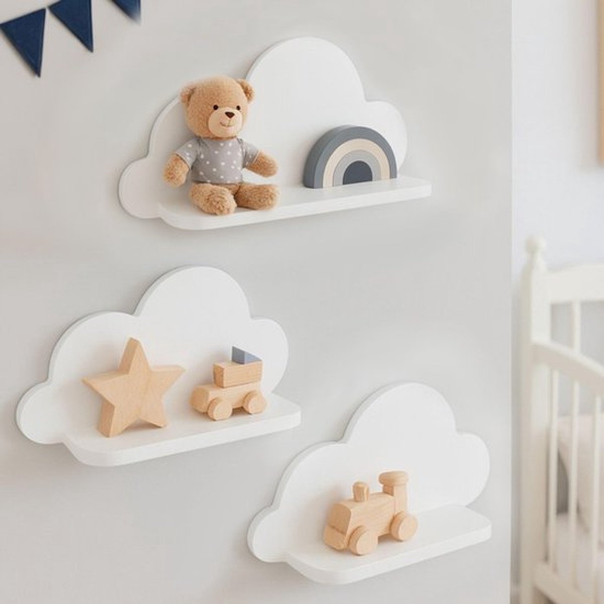 Witte Wolken Wandplanken Set - 3 Stuks - Kinderkamer Decoratie