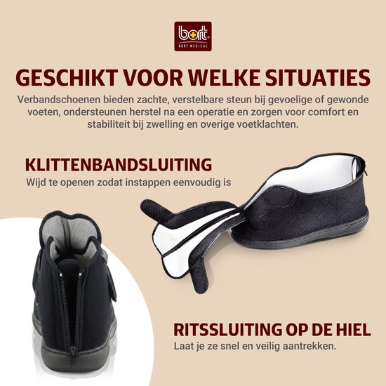 Zwarte verbandsschoenen, klittenbandsluiting en ritssluiting op de hiel.
