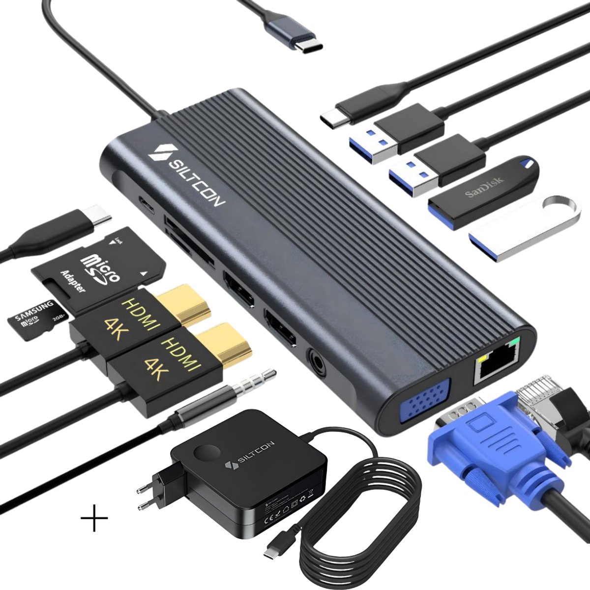 Siltcon® 13 in 1 USB C Hub - Docking Station Laptop - 2x HDMI 4K – 1x VGA – RJ45 Gigabit - 4x USB-A - 2x USB-C - TF - Incl. 100W USB-C Oplader 15 tot 100W - 45W, 65W, 87W & 100W – Geschikt voor o.a. Windows Laptops, Tablets, Telefoons - Spacegrey