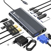 Siltcon® 13 in 1 USB C Hub - Docking Station Laptop - 2x HDMI 4K – 1x VGA – RJ45 Gigabit - 4x USB-A - 2x USB-C - TF - Incl. 100W USB-C Oplader 15 tot 100W - 45W, 65W, 87W & 100W – Geschikt voor o.a. Windows Laptops, Tablets, Telefoons - Spacegrey