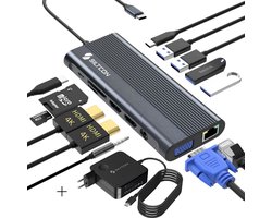 Siltcon® 13 in 1 USB C Hub - Docking Station Laptop - 2x HDMI 4K – 1x VGA – RJ45 Gigabit - 4x USB-A - 2x USB-C - TF - Incl. 100W USB-C Oplader 15 tot 100W - 45W, 65W, 87W & 100W – Geschikt voor o.a. Windows Laptops, Tablets, Telefoons - Spacegrey