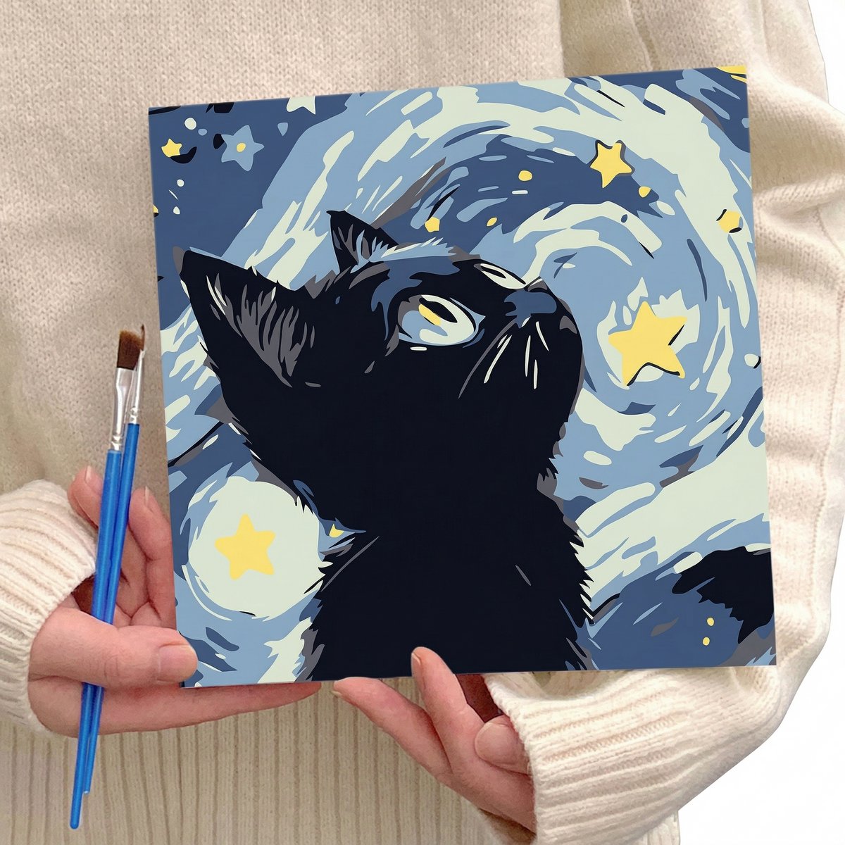 Schilderen op nummer set – Volwassenen en kinderen – Kat in sterrenhemel – 20x20 cm op canvas frame inclusief verf, penselen & schildersezel