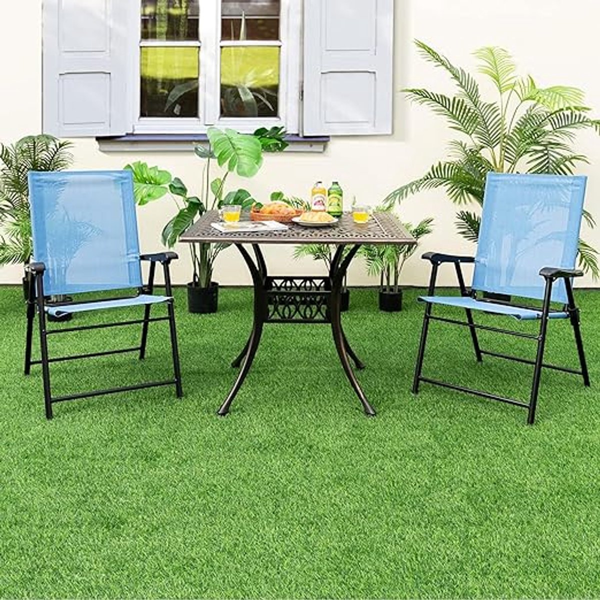 Set van 2 Verstelbare Terrasstoelen met Armleuningen | Weerbestendige Textileen Stof & Robuust Metalen Frame | Max. 150kg Draagvermogen | Afmetingen: 65x60x93 cm | Blauw