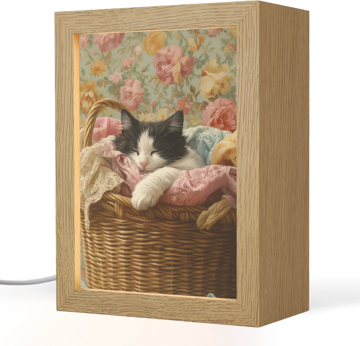 Tafellamp 15x20 cm - LED lamp - Kat - Bloemenprint - Rieten mand - Decoratieve tafellampen - Dimbaar - Tafellampje slaapkamer - Woonkamer binnen