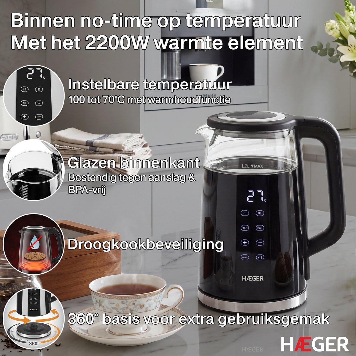 Haeger Digiglass Waterkoker met Temperatuurregeling - Anti-kalkfilter - Warmhoudfunctie - Dubbelwandig - Elektrisch - 1,7 Liter - 2200W - Zwart — afbeelding 5