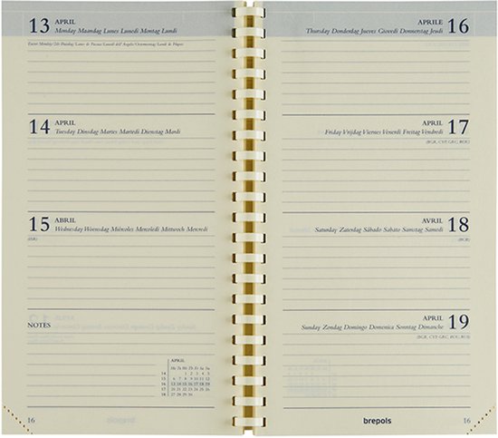 Open agenda met spiraalbinding, weekoverzicht van 13 tot 19 april, met ruimte voor notities.