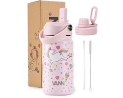 VANN® 3-Wandige Drinkfles en Schoolbeker voor kinderen met rietje in 1 – Kinder drinkfles 400 ML– RVS – Met 4 accessoires – 24 uur koud/12 uur warm – Unicorn