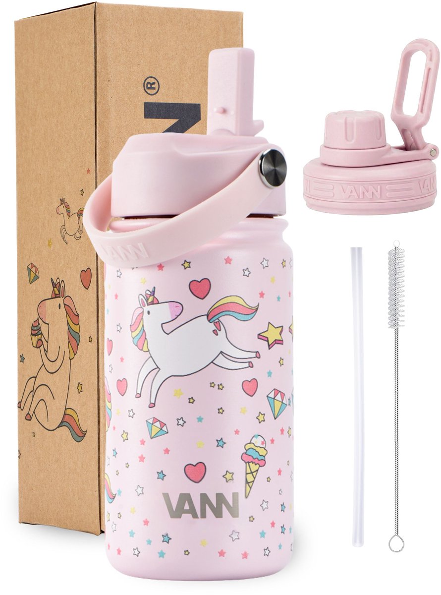 Bol.com VANN® 3-Wandige Drinkfles en Schoolbeker voor kinderen met rietje in 1 – Kinder drinkfles 400 ML– RVS – Met 4 accessoire... aanbieding