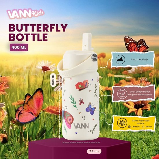 VANN® 3-Wandige Drinkfles en Schoolbeker voor kinderen met rietje in 1 – 400 ML – RVS – Met 4 accessoires – 24 uur koud/12 uur warm – Butterfly