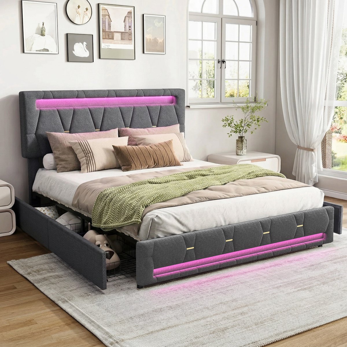 ROSAHQNDA Gestoffeerd bed met ledverlichting en 4 opberglades, tweepersoonsbed 160x200 cm met lattenbodem, modern hydraulisch bed, kinderbed, grijze linnen stof, zonder matras donkergrijs