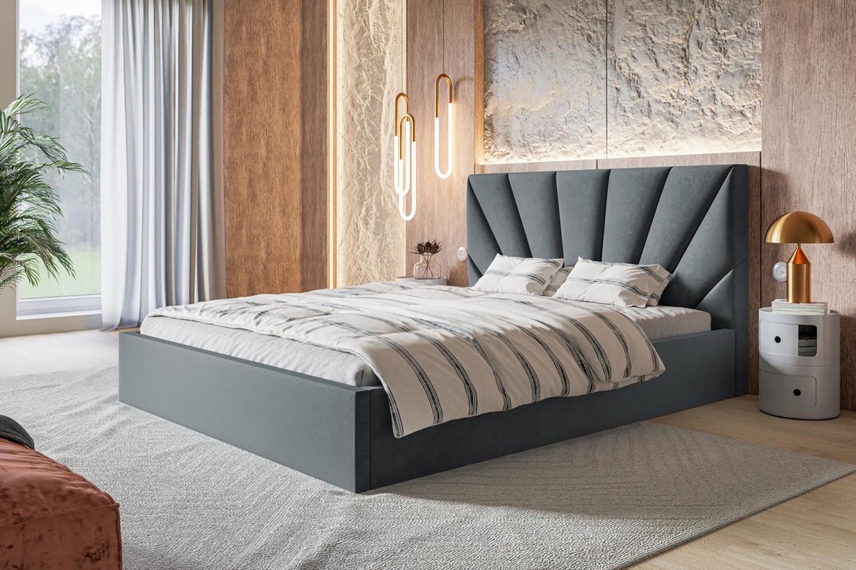 Gestoffeerd Bed 180x200 cm met Opbergruimte en Hoofdbord – Luxe Tweepersoonsbed met Houten Lattenbodem, Velours Stof, Grijs – Urbanhome