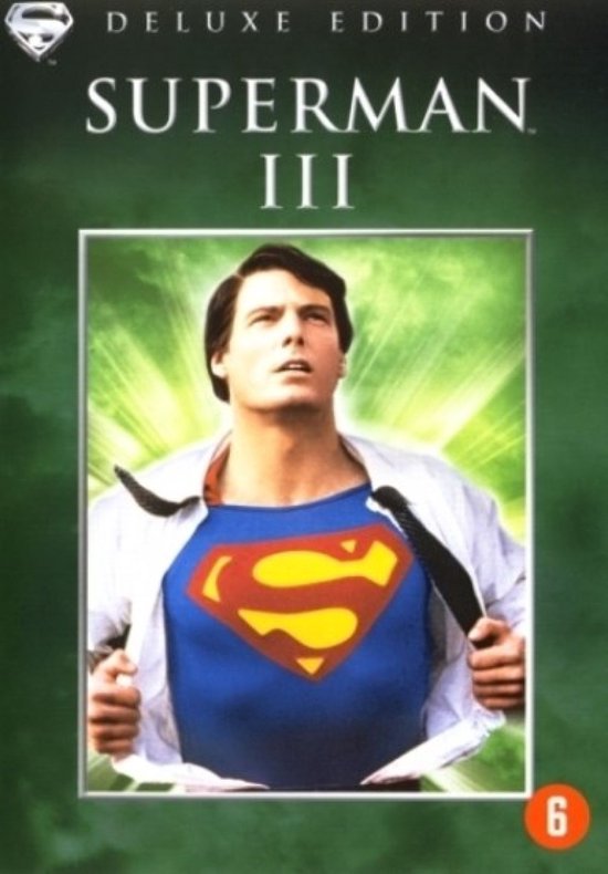 Superman III Deluxe Edition DVD hoes met Christopher Reeve als Superman met openstaand shirt en het iconische S-logo.