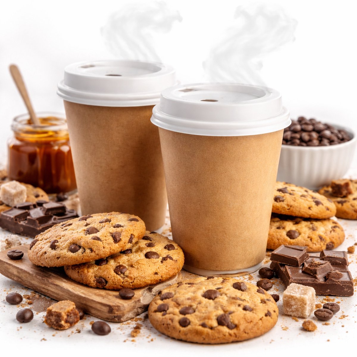 Koffiebeker 8oz 240 ml Bruin + witte deksels - 100 Stuks- wegwerp papieren bekers karton kraft – drank bekers – drinkbekers- koffie beker – wegwerpbeker – Koffiekopjes – Koffiemokken - Warme en Koude Dranken
