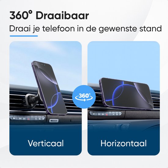 iPhone in CarMe houder, getoond in verticale en horizontale positie op het dashboard.