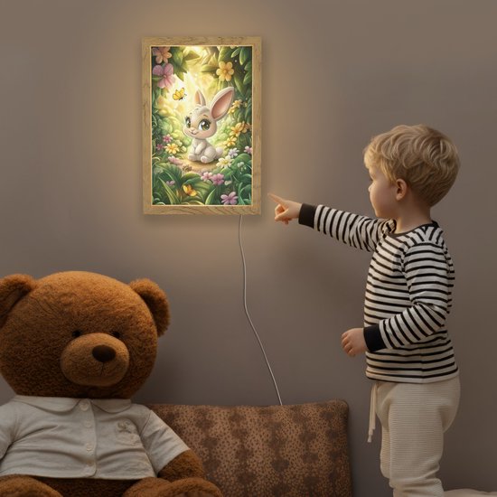 Nachtlampje 20x30 cm - Kinder lamp - Konijn - Bos - Vlinders - Cartoon - Tafellamp kinderkamer - Slaapkamer lamp - Bedlamp kinderen - Kinderlampje stopcontact - Wandlamp babykamer - Nachtlampjes van Evendy — afbeelding 5