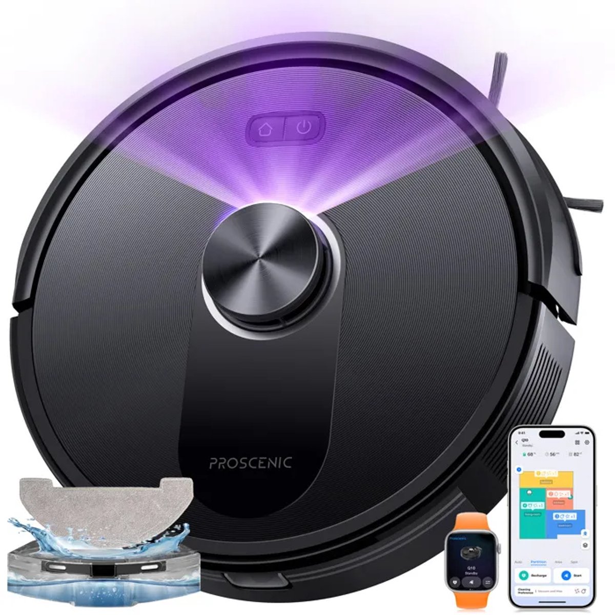 Proscenic Q10 Aspirateur Robot Laveur 2 en 1 - 10000 Pa - Autonomie 200 min - Navigation LiDAR-Corps compact，Cartographie Laser