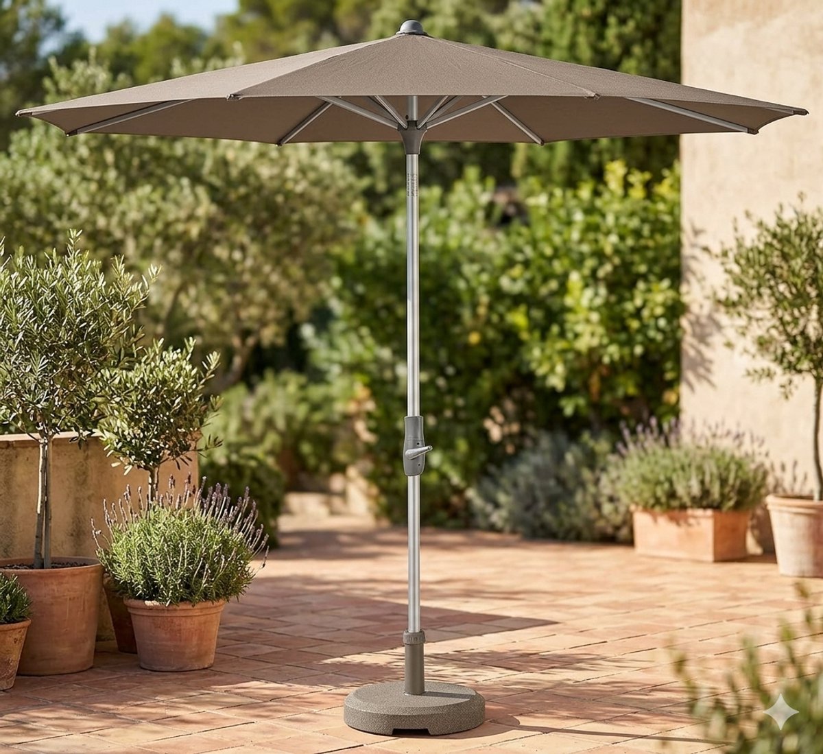 Parasol 300 cm Rond – Kantelbaar 32° met Draaisysteem en Crank – Aluminium Frame – UV-Bescherming – Asgrijs – Laura