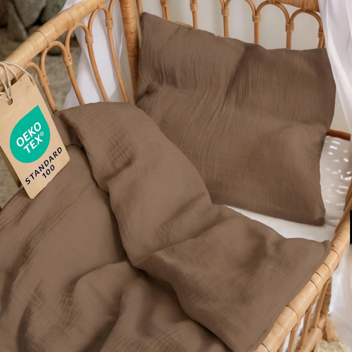 Babybeddengoed Set - Katoen Mousseline - Comfortabele Nachtrust - OEKO-TEX Gecertificeerd - 80x80cm 35x40cm - Mokka